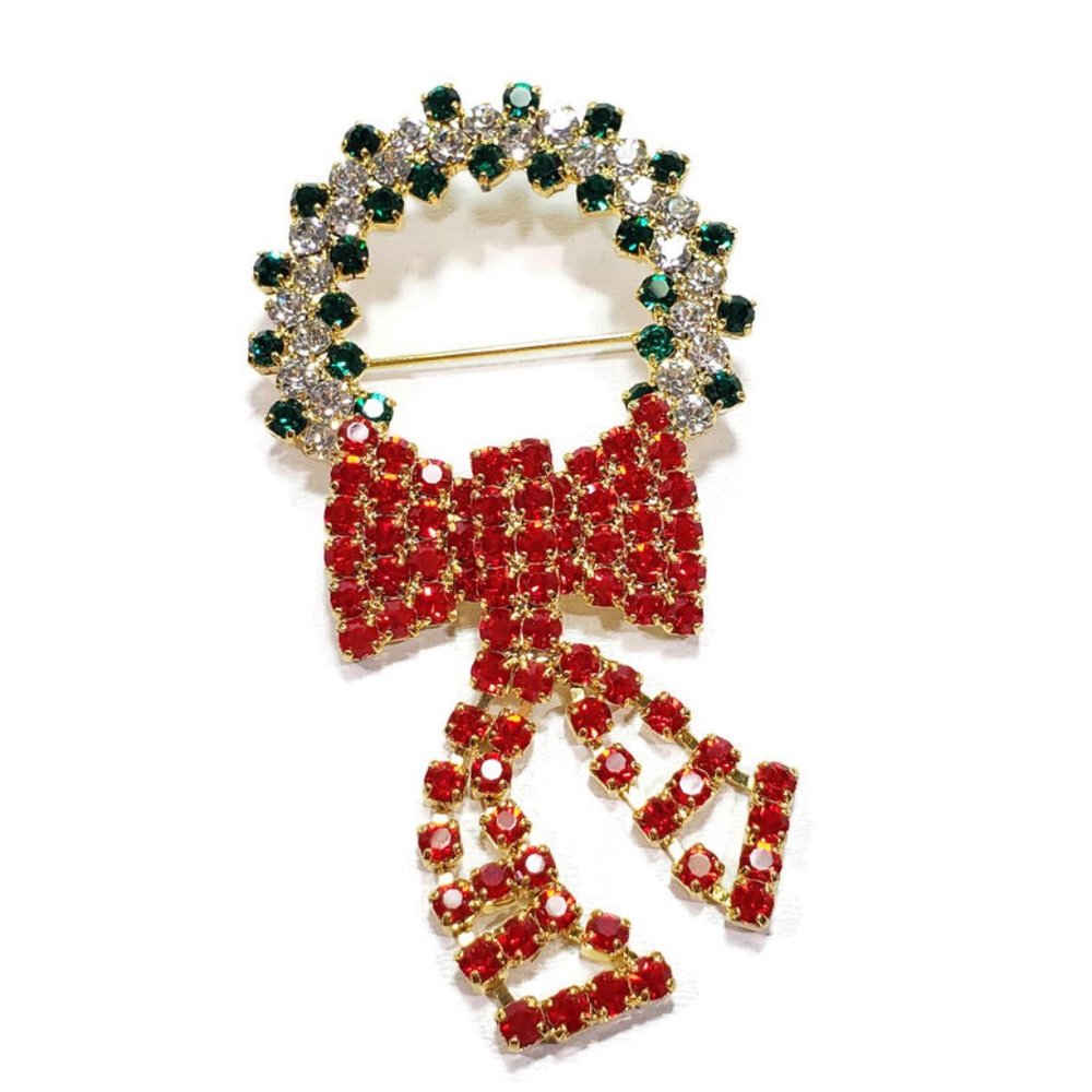 Rhinestone Christmas Wreath Brooch Red Bow